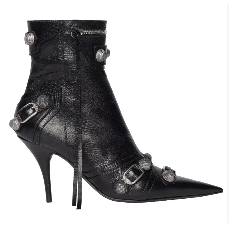 Black High Heel Leather Booty Shoes Pointy Toe Sexy Lady's Ankle Boots Zip Buckle Studs Short Women Fashion Big Size 43