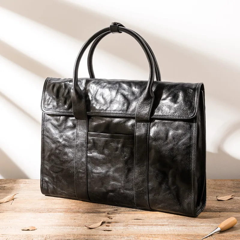 PNDME Retro Casual High quality natural genuine leather men's black handbag Outdoor work laptop office real cowhide briefcase