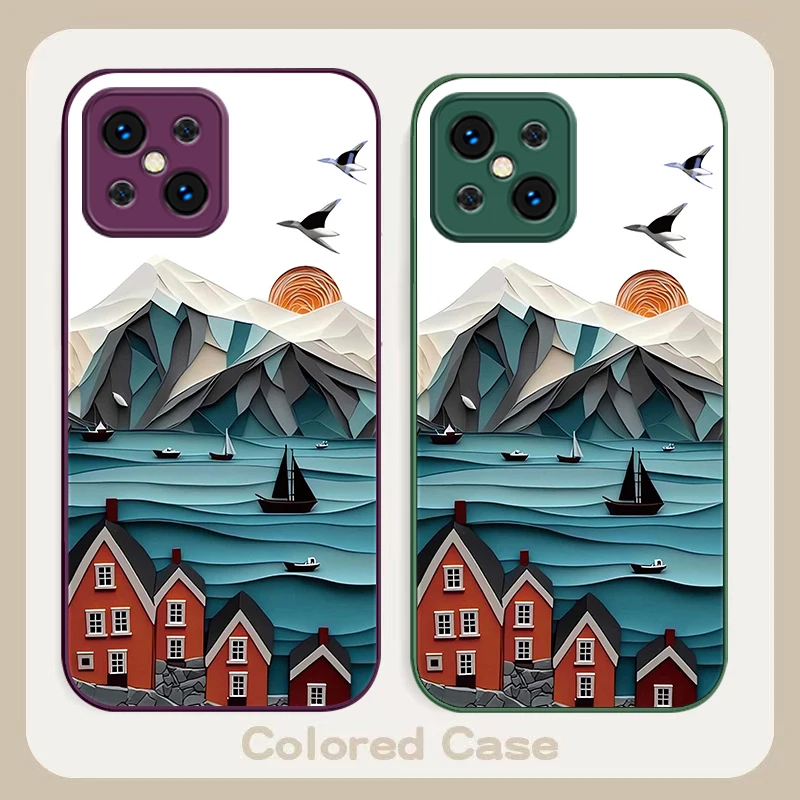 Retro house and boat purple For Find X5 X3 Lite Reno 6 4Z 5G OPPO A72 79 73 58 A54S OnePlus Nord N200 Tempered glass phone case