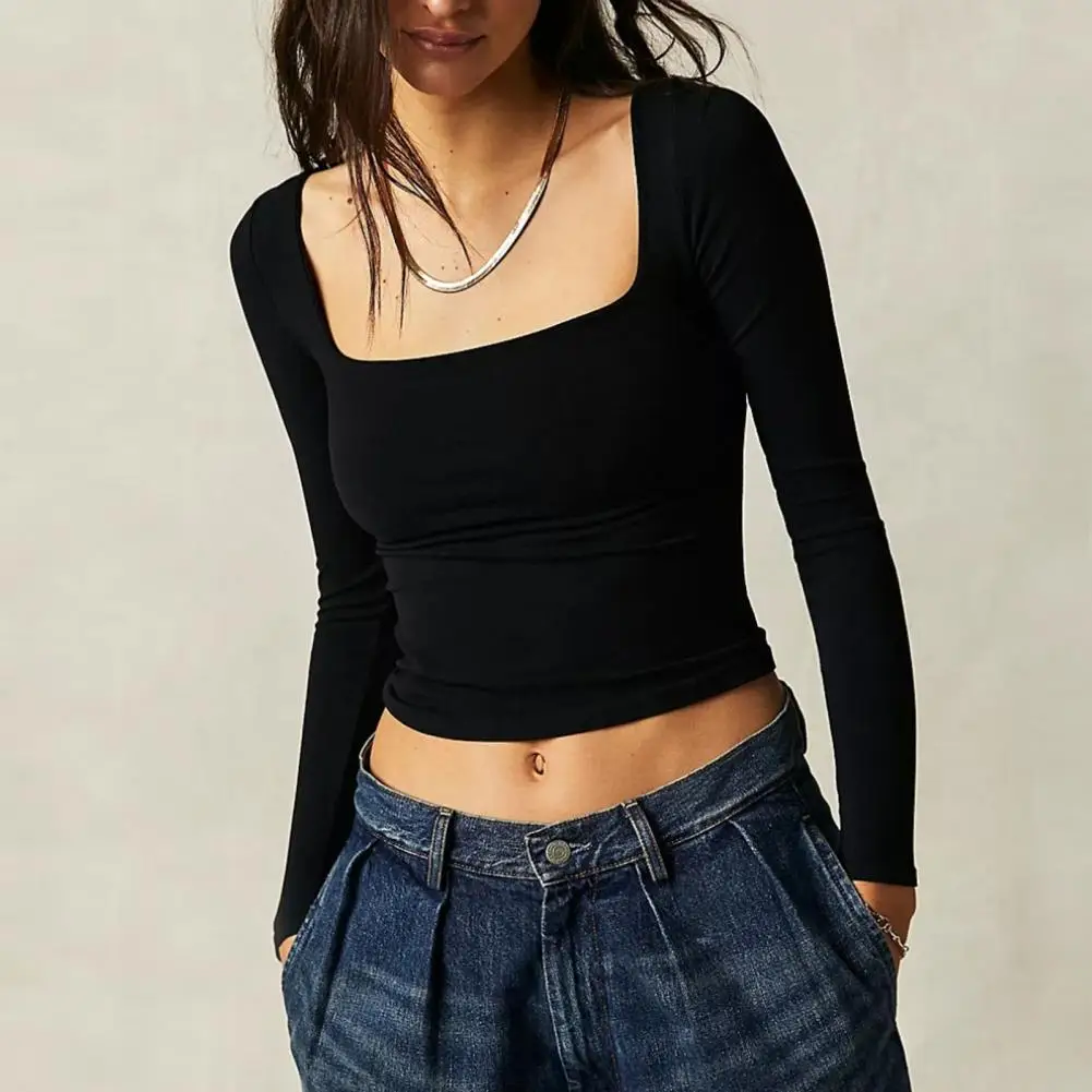 

Elastic Lady Top Chic Square Neck Long Sleeve Blouse Women's Slim Fit Pullover with Soft Waist-exposed Short T-shirt Fall/spring