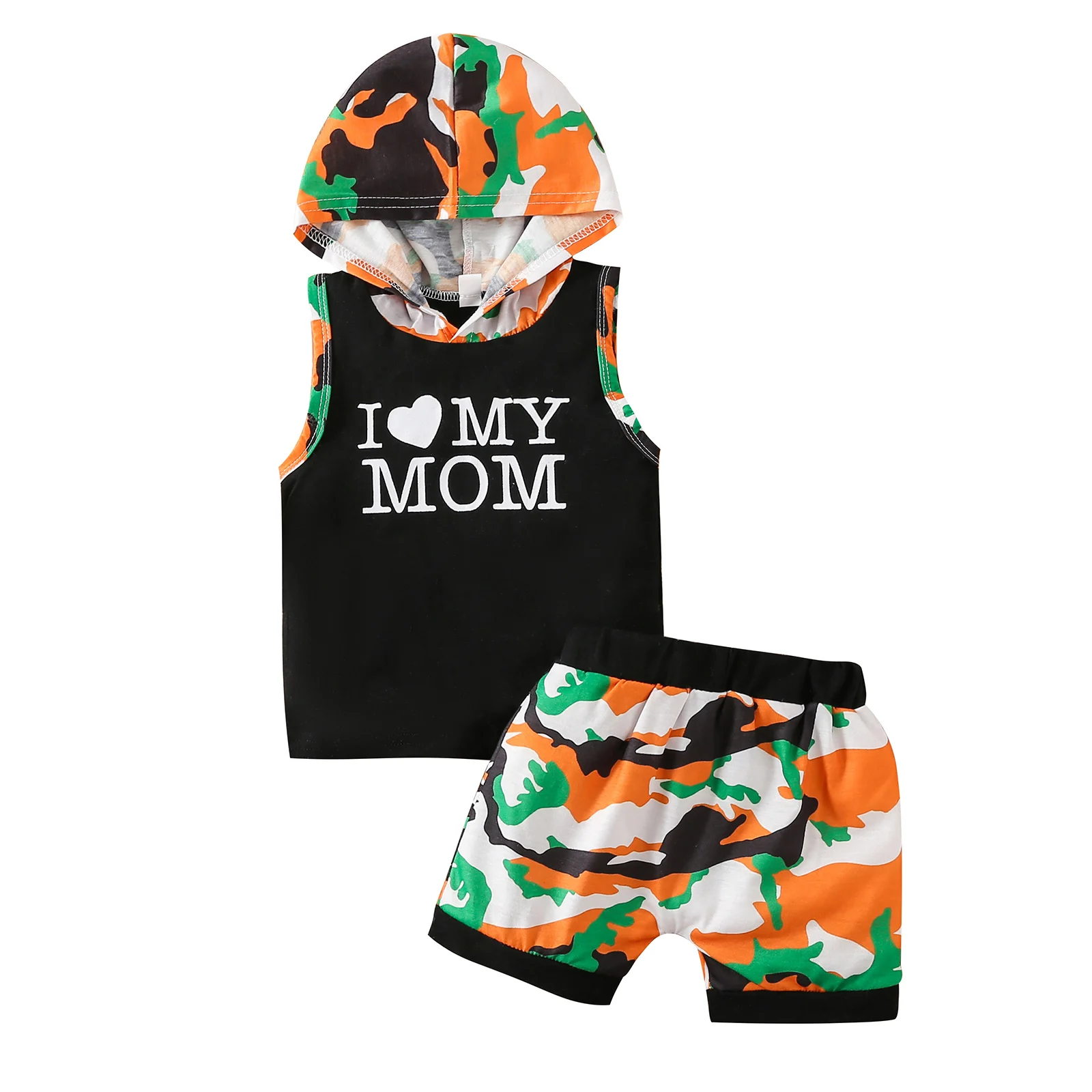 

2022-05-05 Lioraitiin 0-3Years Toddler Baby Boy 2Pcs Suit Set Letter Camouflage Print Sleeveless Hooded Tops+ Shorts
