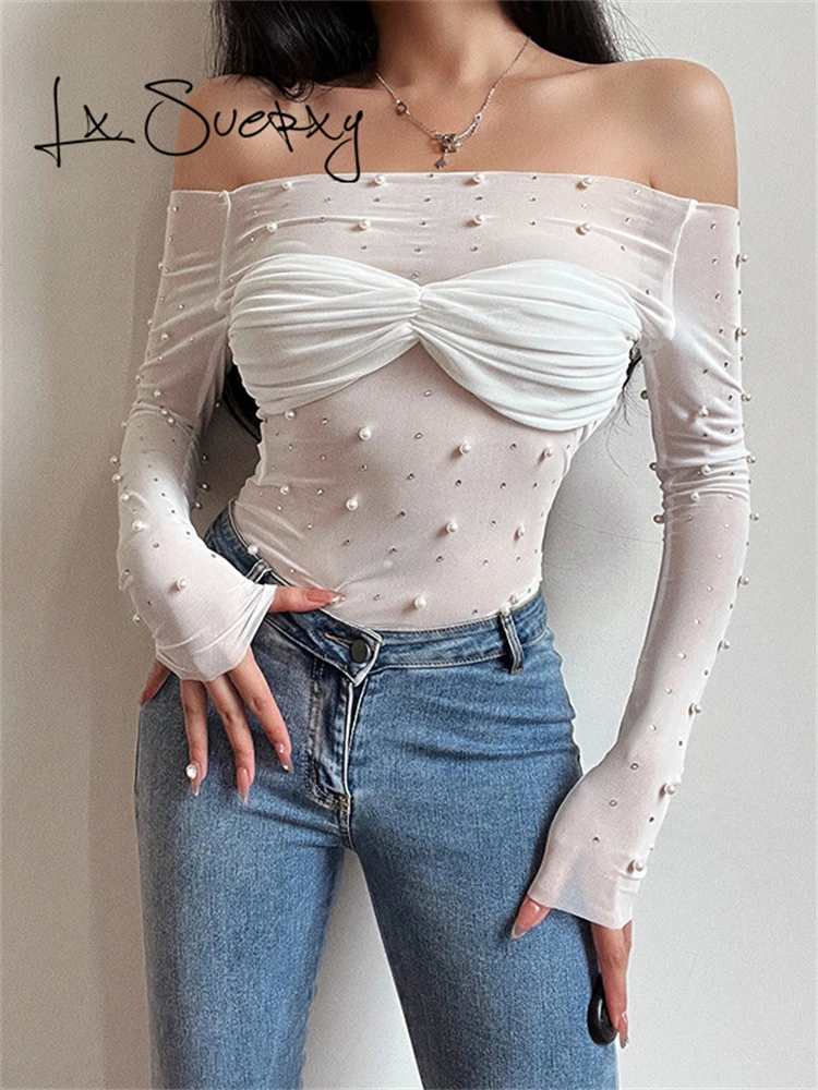 

Lx Suerxy Y2k Slash Neck Sexy Mesh Women Cropped Corset Tops Summer Casual Aesthetic Long Sleeve Streetwear Woman Crop T-shirts