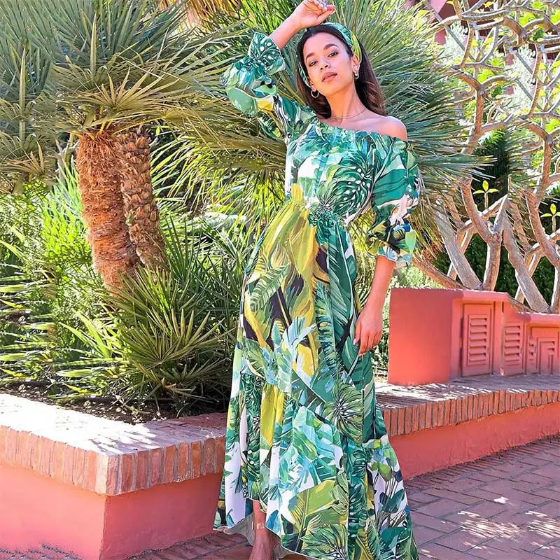 

Print Chiffon High Waist Long Dress Women Lantern Sleeve Off Shoulder Elegant Female Dresses Summer Beach Party Ladies Vestido