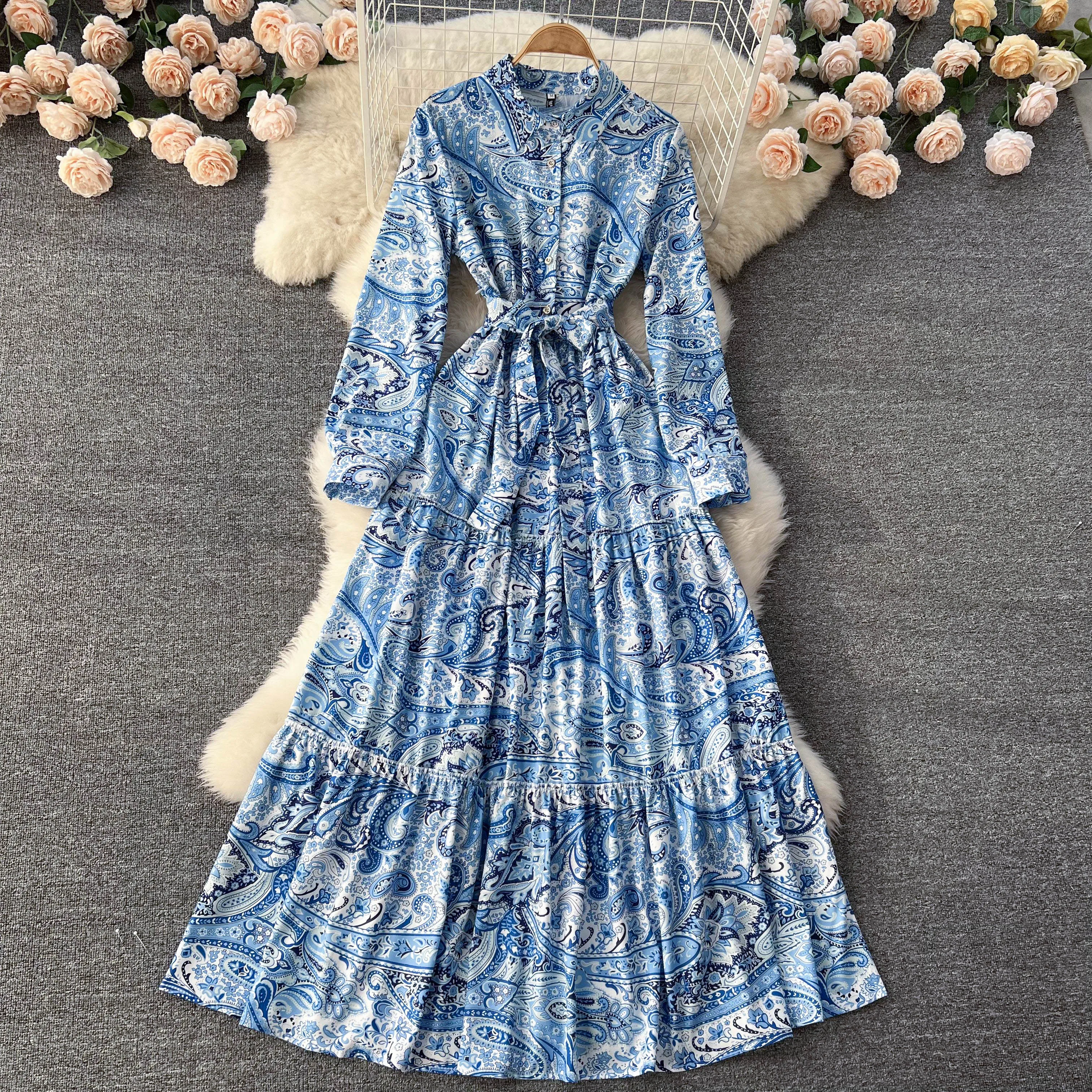 

D184 High-quality Women New Fashion Spring Autumn Thin Retro Printed Long Sleeve Lapel A-line Dress Elegant Clothes Vestidos