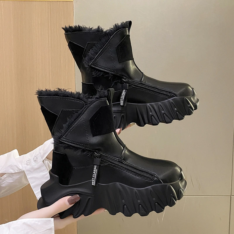 

Женские ботильоны с хлопковым утеплителем, ботинки на танкетке высотой 7 см, кожаные кроссовки на платформе, новинка зимы 2023