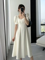 women elegant white dress 2022 new fashion ladies square neck short sleeve slim a line dress female summer robe korean clothes