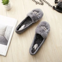 big size pregnant women flat shoes soft soled non slip genuine rabbit fur loafers winter new crystal metal fox shallow moccasins