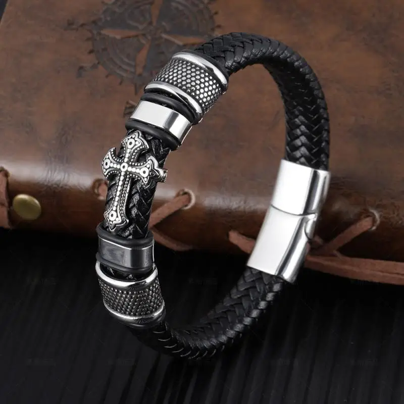 

2022 New Trendy People Creative Explosion Models Simple Leather Braided Cross Men's Bracelet Fashion Trend Niche Men's Bracelet