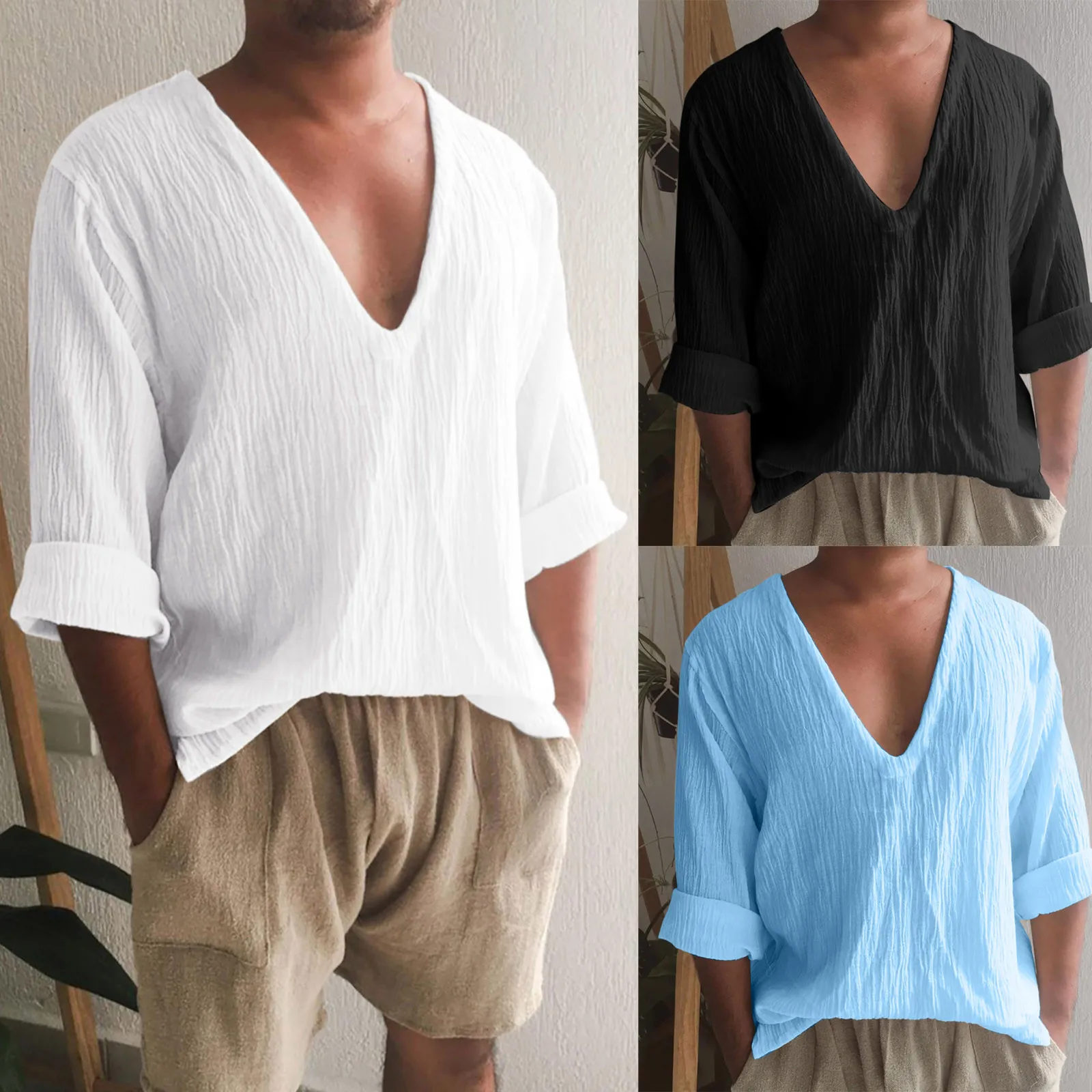 

Кофта 의류 Casual Shirts Shirt Vintage Sleeve Mens Tops Men Breathable Oversize Linen Style Summer Cotton Long Boho Neck