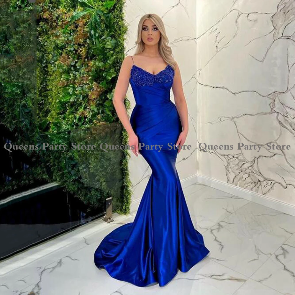 

2022 Royal Blue Mermaid Evening Dress Sexy Spaghetti Straps V Neck Beading Pleat Sweep Train Prom Dress Pageant Gown