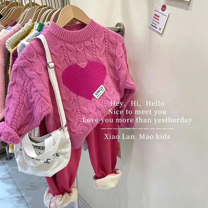 

Свитер с круглым вырезом, пуловер стандартной длины, хлопковый плотный милый модный Удобный Теплый Зимний пуловер в форме сердца для девоче...