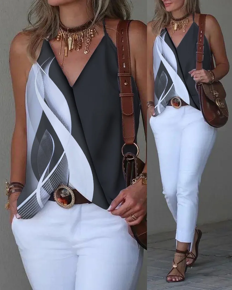 

Abstract Print Colorblock Halter Wrap Tank Top Chic Fashion Summer Daily High Style Form-fitting Sleeveless Sexy Woman