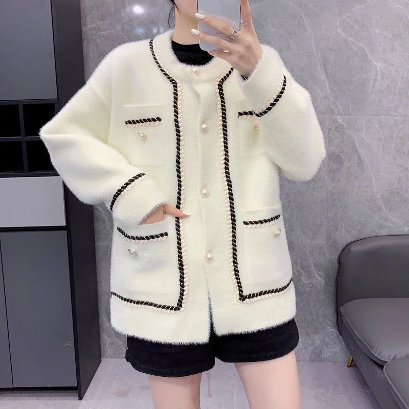 

2023 Short Faux Mink Cashmere Sweater Cardigan Women Coat Loose Knit Long Sleeve Vintage Casual Loose O Neck Knitted Cardigan