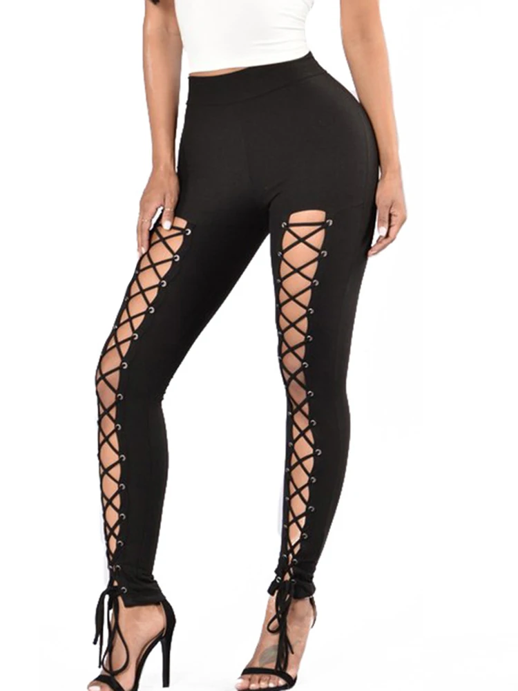 Sexy Leggings Women Bandage Hollow Out Yoga Pants Gym Black Elastic Solid Streetwear Leggins Running Tights