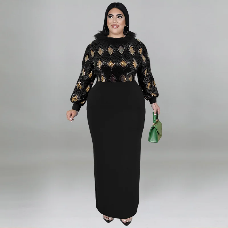 2022 Plus Size Solid Sequins Skinny Long Dress Party Style Round Neck Panel Wool Long Sleeve Elegant Women's Skinny Dress