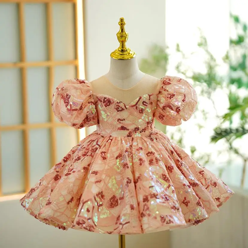 

New Children's Sequins Evening Gown Puff Sleeve Design Kids Catwalk Wedding Birthday Baptism Party Girls Dresses For Eid L1915