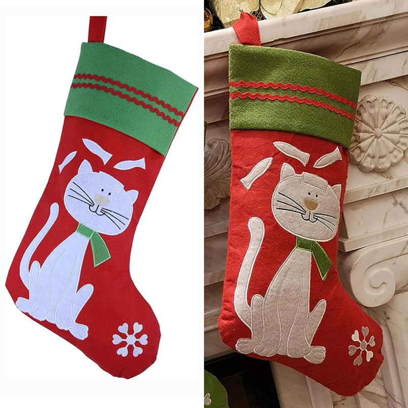 

40cm New Cat Stocking Socks Candy Bag Christmas Pattern Green Red Socks Hanging Decoration Stovepipe Kitten Girt for Kids