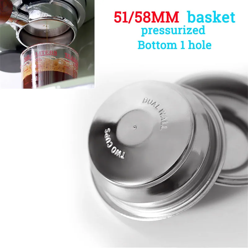 

51MM/58MM Pressurized 1 hole Coffee Filter Basket Single/Double Cup Fit For 51mm/58mm Portafilter Espresso Coffee Tool