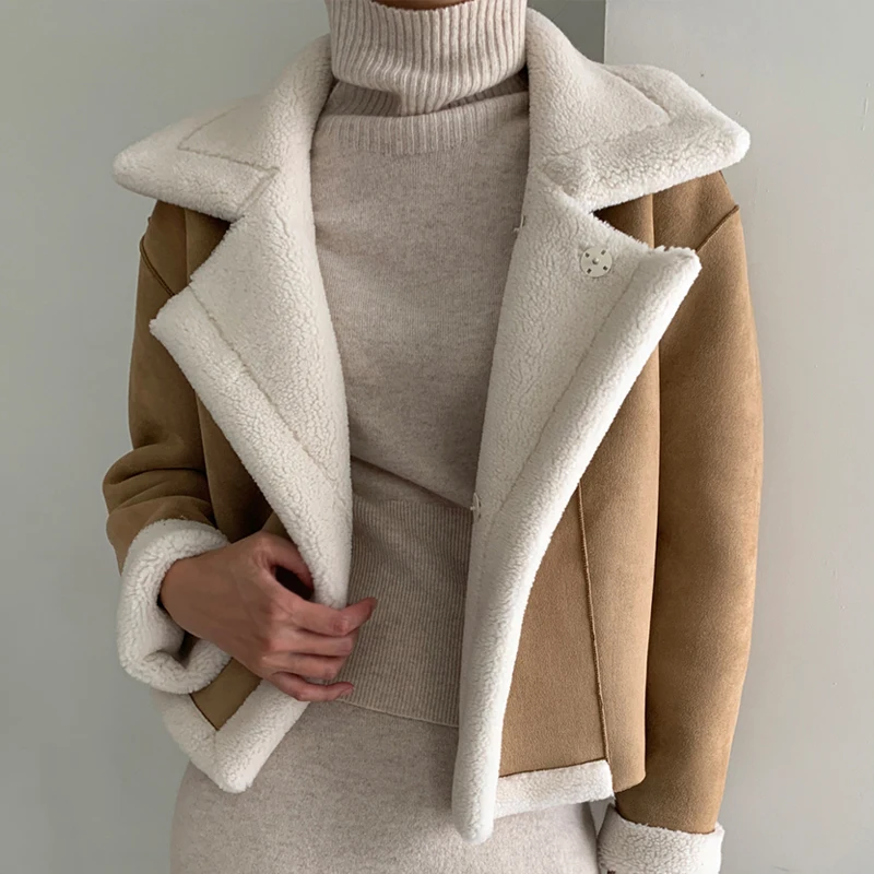 

Autumn Winter Women Warm Suede Faux Fur Double-sided jacket Coats Lamb Wool Thickened Lapel Female Chic Short Outwear