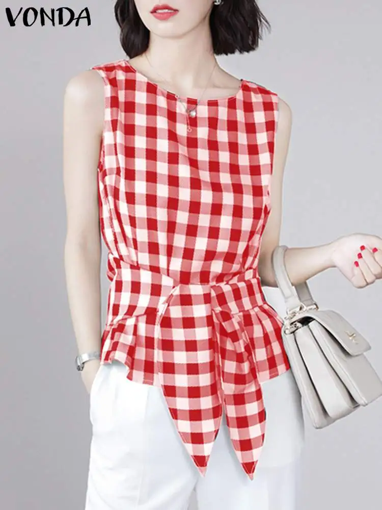 

VONDA Women Blouse 2023 Fashion Summer Tops Plaid Tunic Belted Vintage Round Neck Casual Checked Elegant Streetwear Blusas Femme