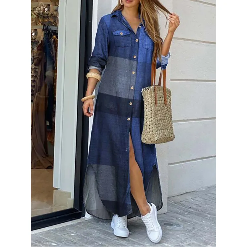 

Elegant Women Button Down Long Shirt Dress Summer Letters Print Lapel Neck Party Dress Lady Long Sleeve Maxi Beach Dress Vestido
