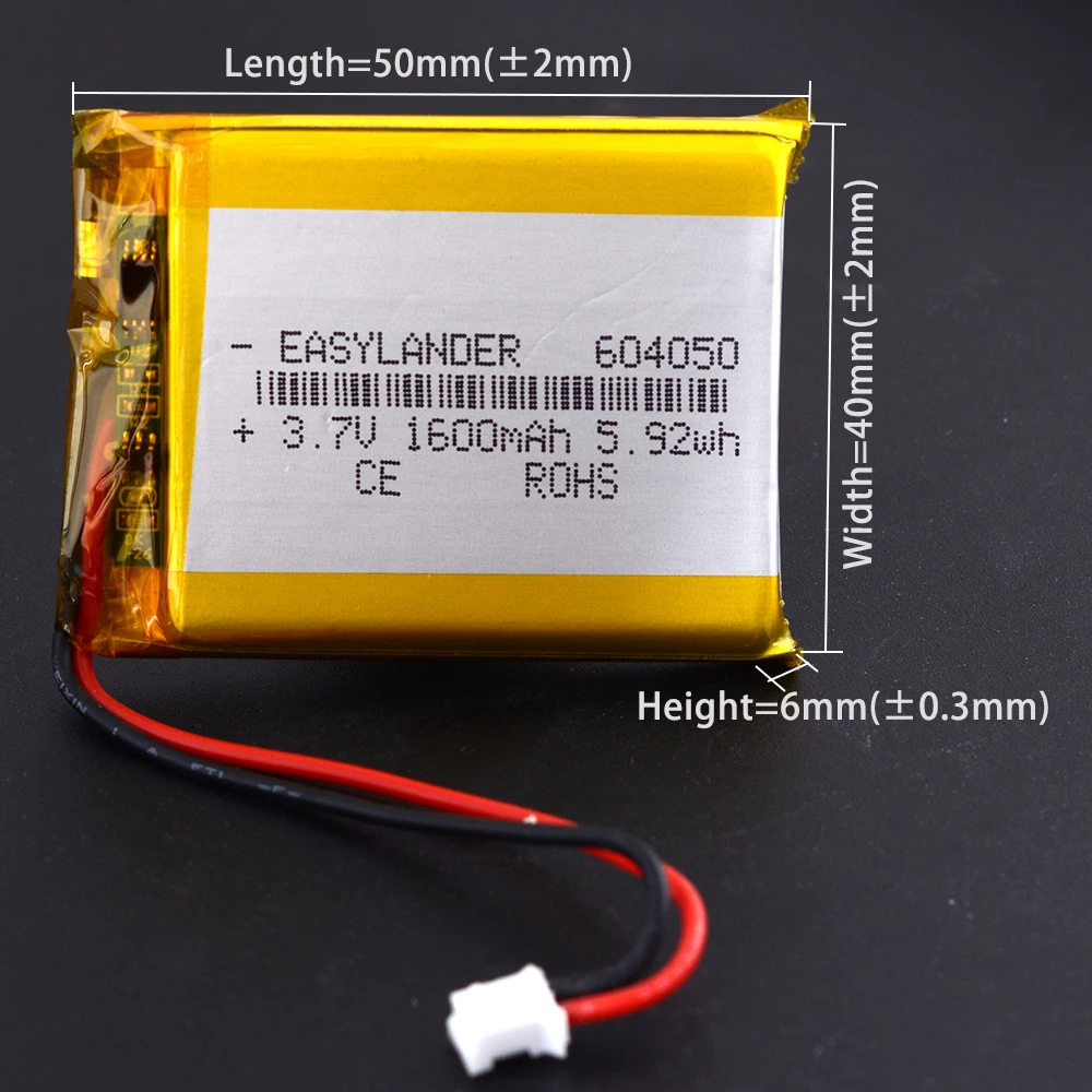 Фото 10 шт./лот PH2.0 2P 604050 3.7V 1600mAh Перезаряжаемые литий-полимерные (Li-Po) аккумуляторы с силиконовыми проводами №2
