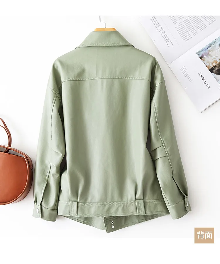 Women's Leather Winter  Velvet Padded Loose Women's Leather Jacket Short Coat Light Green  Zippers Loose Zip Leather Jackets