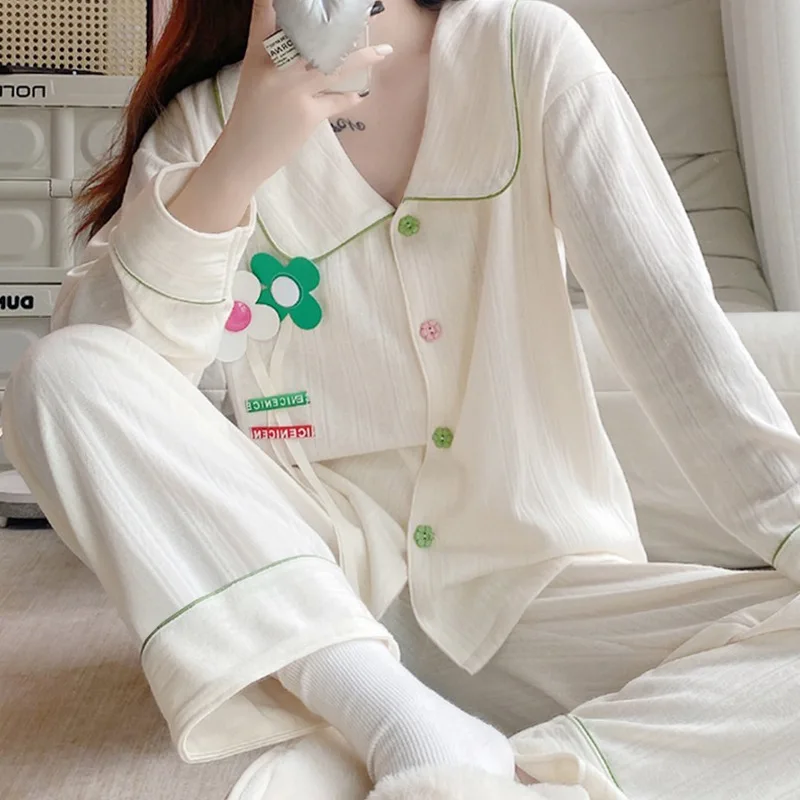 Fdfklak New Lapel Long Sleeve Pajamas For Women Pyjama Cotton Spring Autumn Ladie's Sleepwear Set Korean Casual Home Clothes