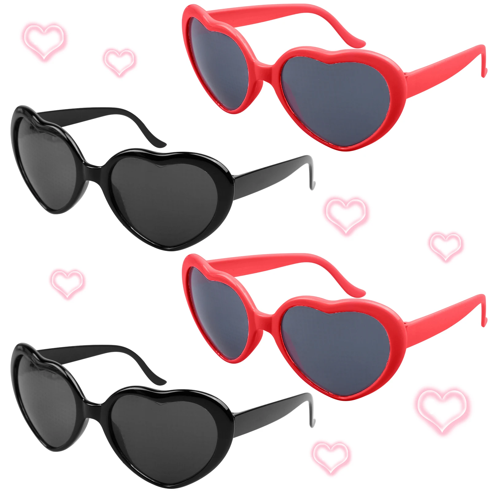 

4PCS Love Heart Shape Sunglasses Women PC Frame Light Change Love Heart Lens Colorful Sun Glasses Female Red Black Shades Magic
