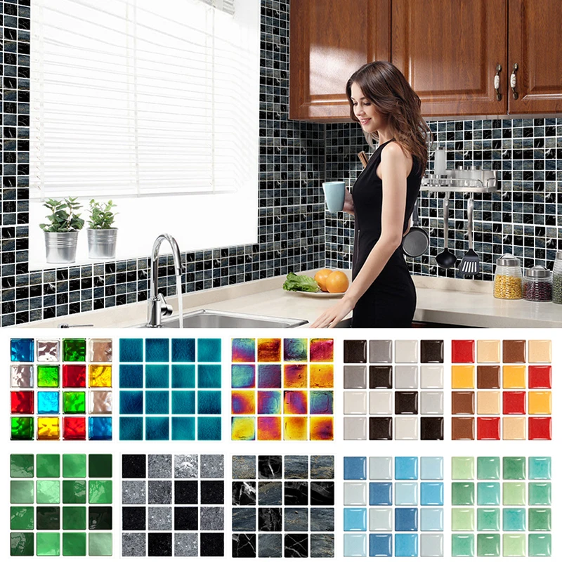 

10Pcs Mosaic Wall Tile Peel and Stick 3D Self Adhesive Backsplash Diy Kitchen Bathroom Wall Sticker Vinyl Wallpaper Home Decor