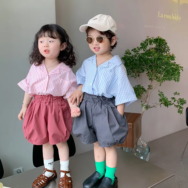 

Summer 2022 New Children's Clothing Baby Girl Short Sleeve Lapel Striped Shirt Children's Top Fashion Casual Short Sleeve