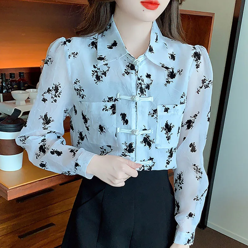 Женская шифоновая блузка с длинным рукавом отложным воротником