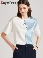 suyadream women contrast t shirt real silk and cotton o neck short sleeves shirt 2022 spring summer white blue top