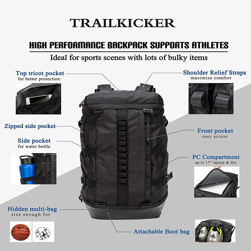 Basketball Backpack with ball compartment School Student Laptop Bookbag Travel Daypack for Soccer Volleyball Football Baseball H