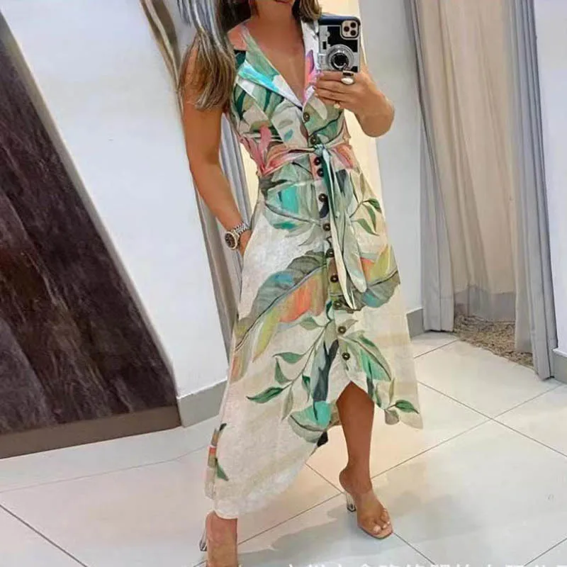 

New Women's Clothes V-neck Sleeveless Flower Printed Sexy Backless High Waist Single-Breasted Dress Evening Party