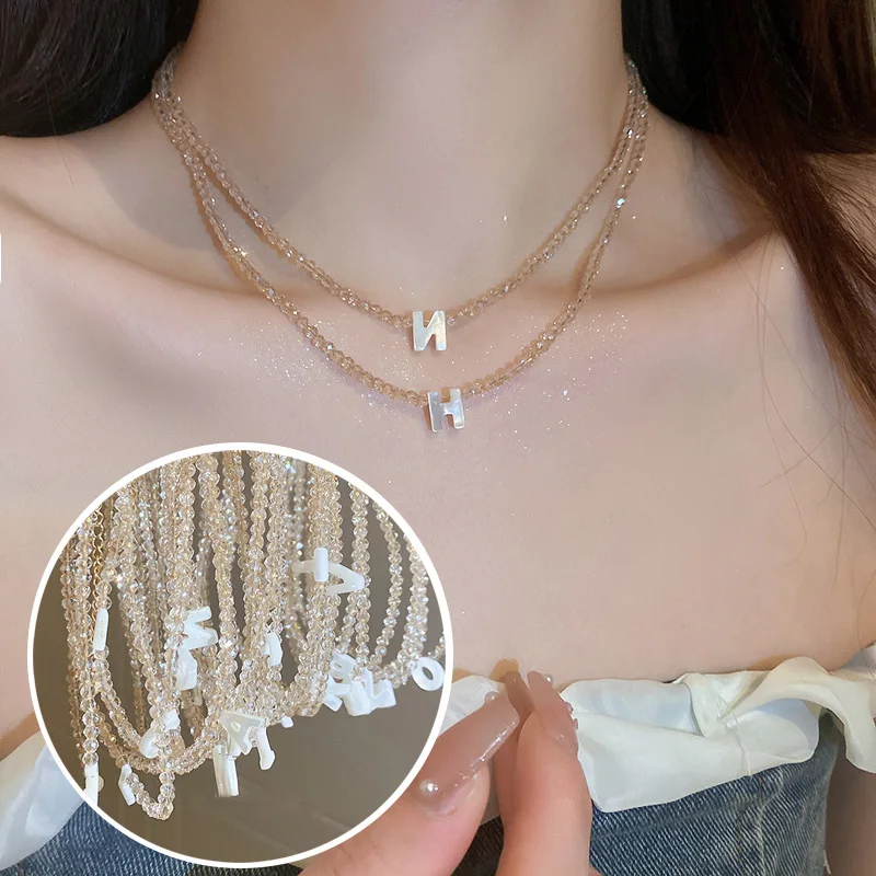 

26 Letters Crystal Beaded Choker Necklaces for Women Shell Pendant Necklace Aesthetic Jewelry Kpop Female Neck Accessories 2023