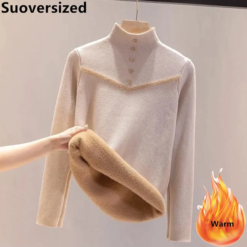 

Winter Plus Velvet Mock Neck Sweater For Women Korean Fashion Long Sleeve Pullover Warm Thicken Casual Soft Knitted Tops