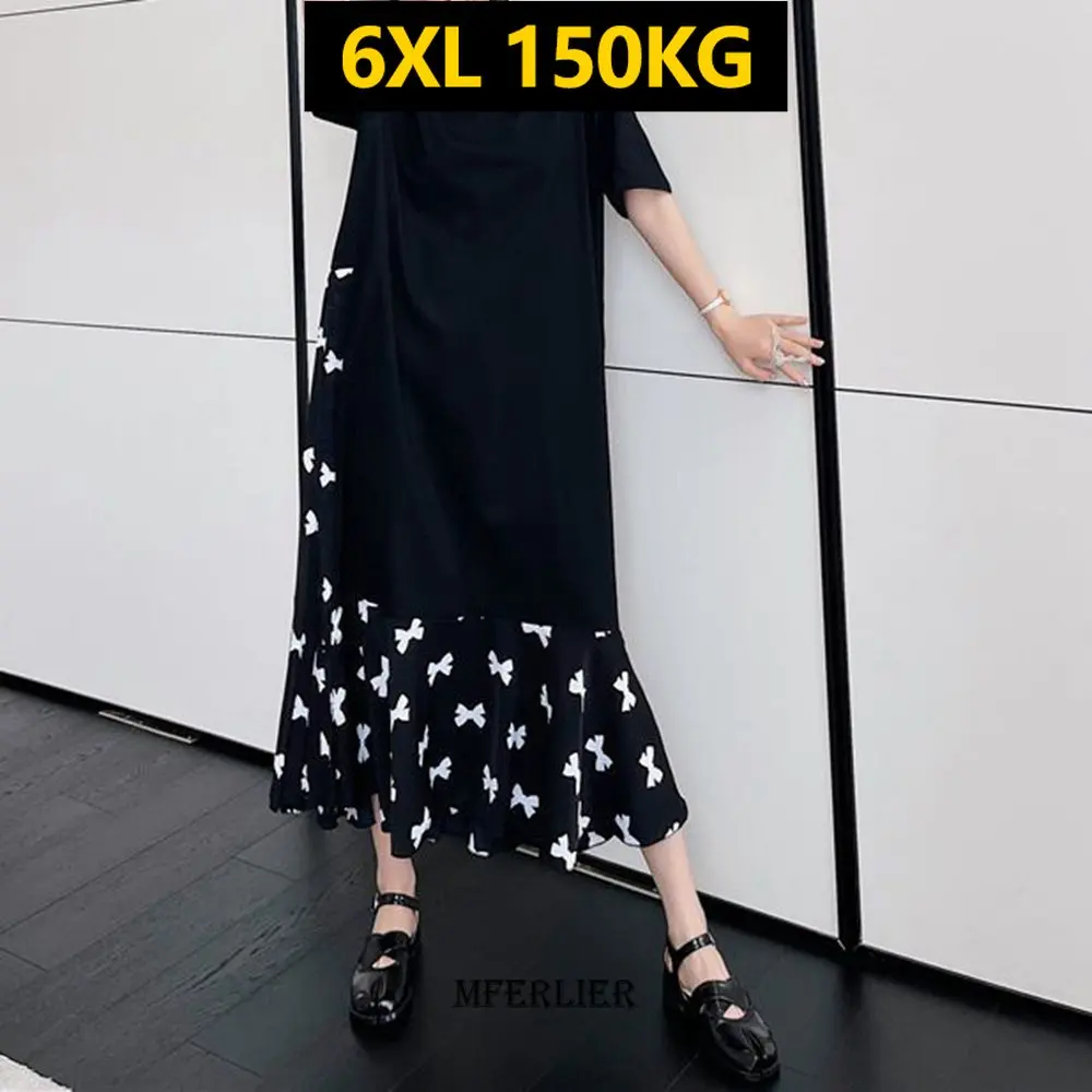 

E GIRLS Large Size 6XL 150kg Summer Long Dress Women Holiday Black Dress Short Sleeve O Neck Floral Maxi Dresses for Women E GIR