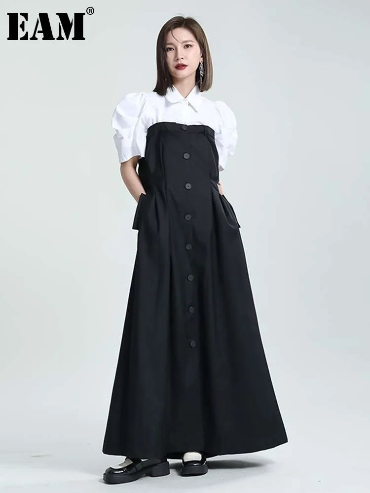 

[EAM] Women Black Pleated Button Elegant Strapless Dress New Sleeveless Loose Fit Fashion Tide Spring Summer 2022 1DE9223