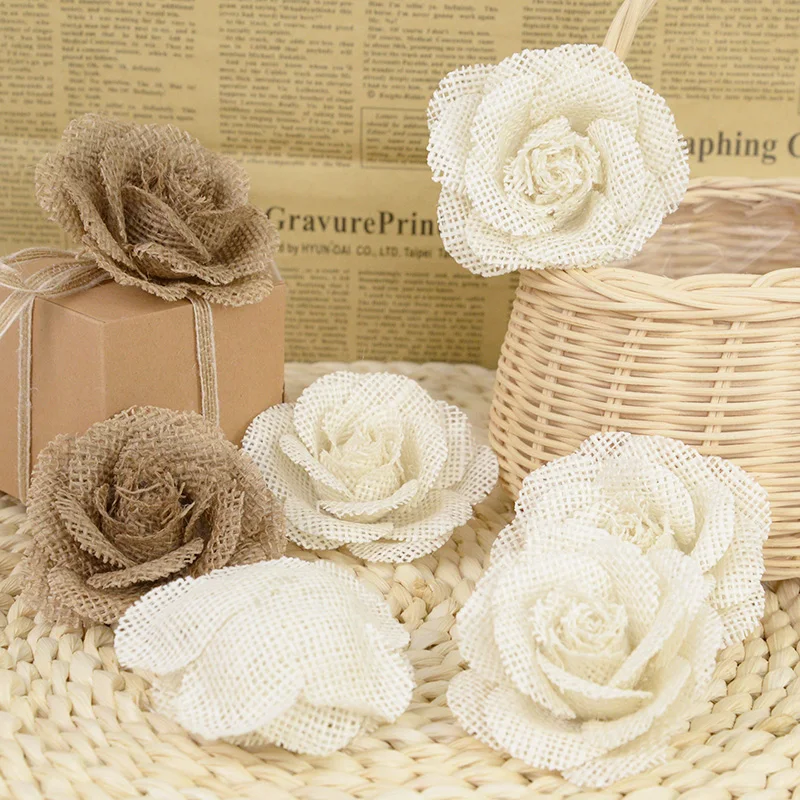 

3pc 8CM Vintage Jute Burlap Bowknot Hessian Rose Artificial Flowers DIY Rustic Wedding Christmas Party Decorations Home Supplies