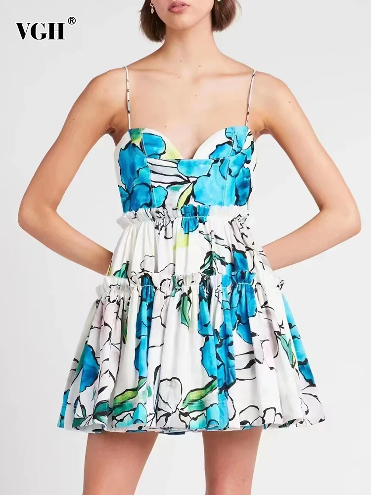 

VGH Sexy Slim Print Colorblock Sling Dress For Women V Neck Sleeveless Gathered Waist Mini Dresses Female Summer Clothes Fashion