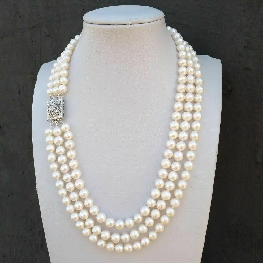 

Triple strands AAAA 8-9mm natural south sea white Pearl Necklace 18-20 Inch