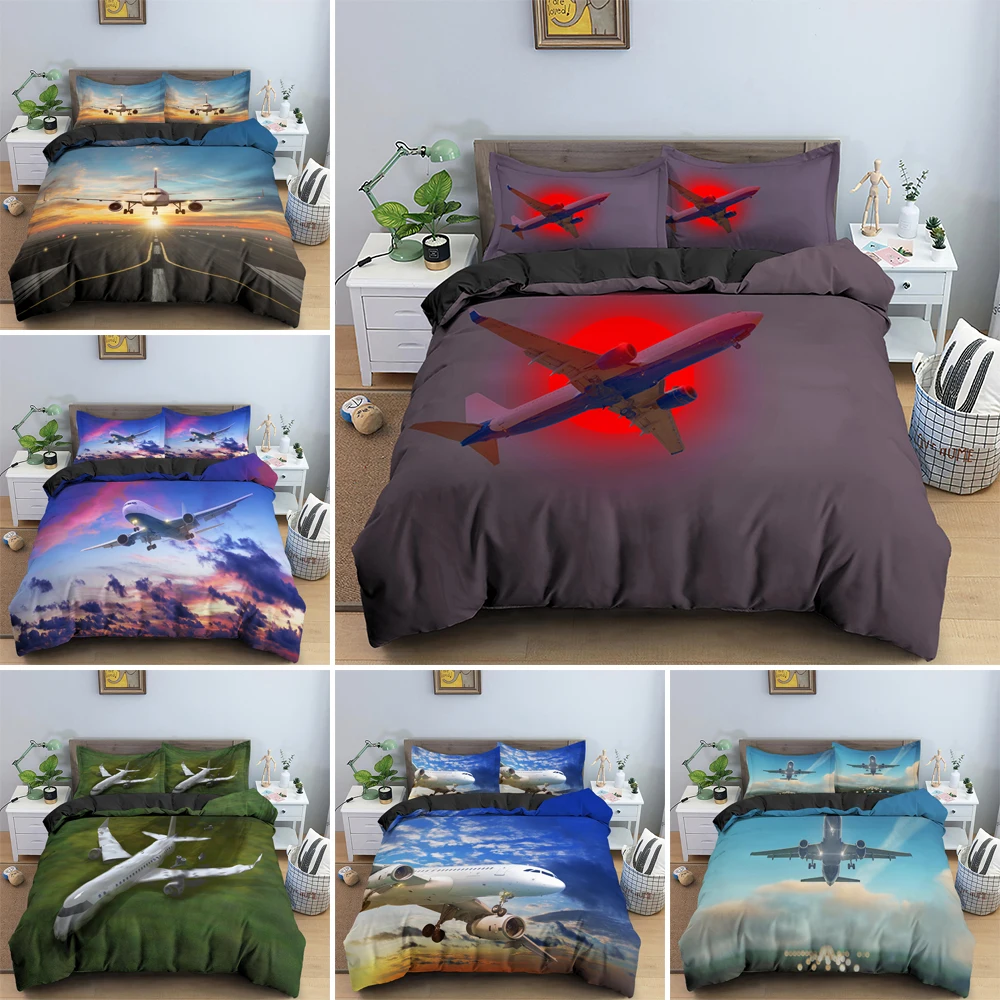 

3D Airplane Printing Duvet Cover Aircraft Runway Theme Bedding Set Boys Quilt/Comforter Cover 2/3pcs Queen King Size Bedclothes