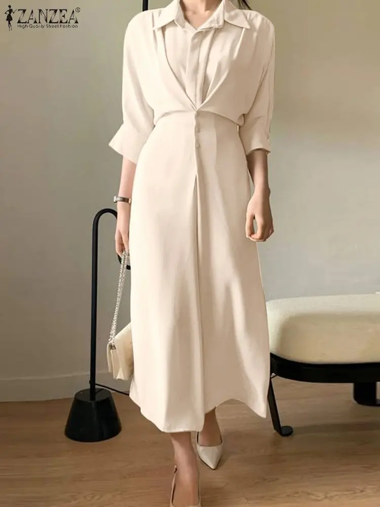 

Элегантное офисное платье ZANZEA с рукавом 3/4, женское длинное платье-рубашка, осень 2023, платья с отложным воротником, повседневные платья миди с поясом