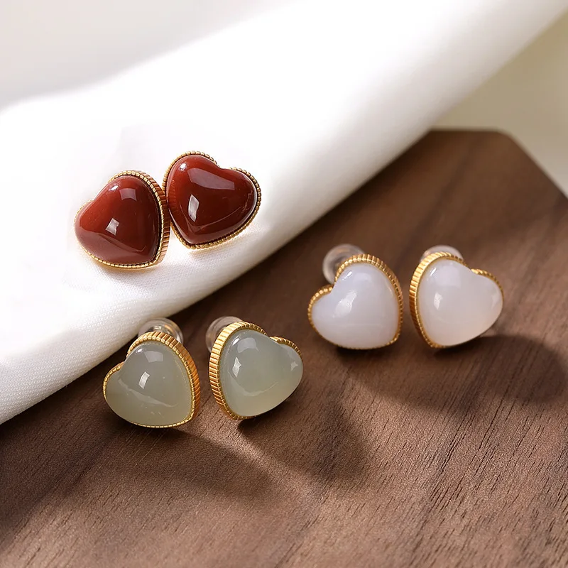 

BLACK ANGEL New Hetian Jade Red Agate Romantic Heart Shaped Earrings Fashion Personality Simple Temperament Ladies Love Earrings
