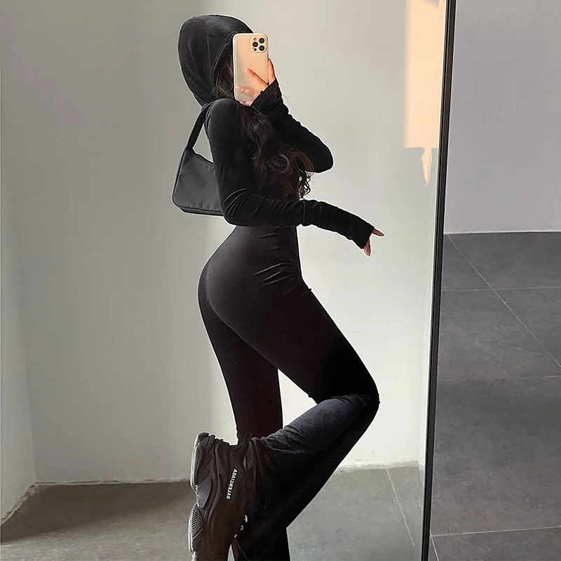 2023 New Fashion Vintage Black Velvet Slim Hooded Zipper Long Sleeve Flare Pants Jumpsuit For Women Korean Sexy Hot Long Rompers