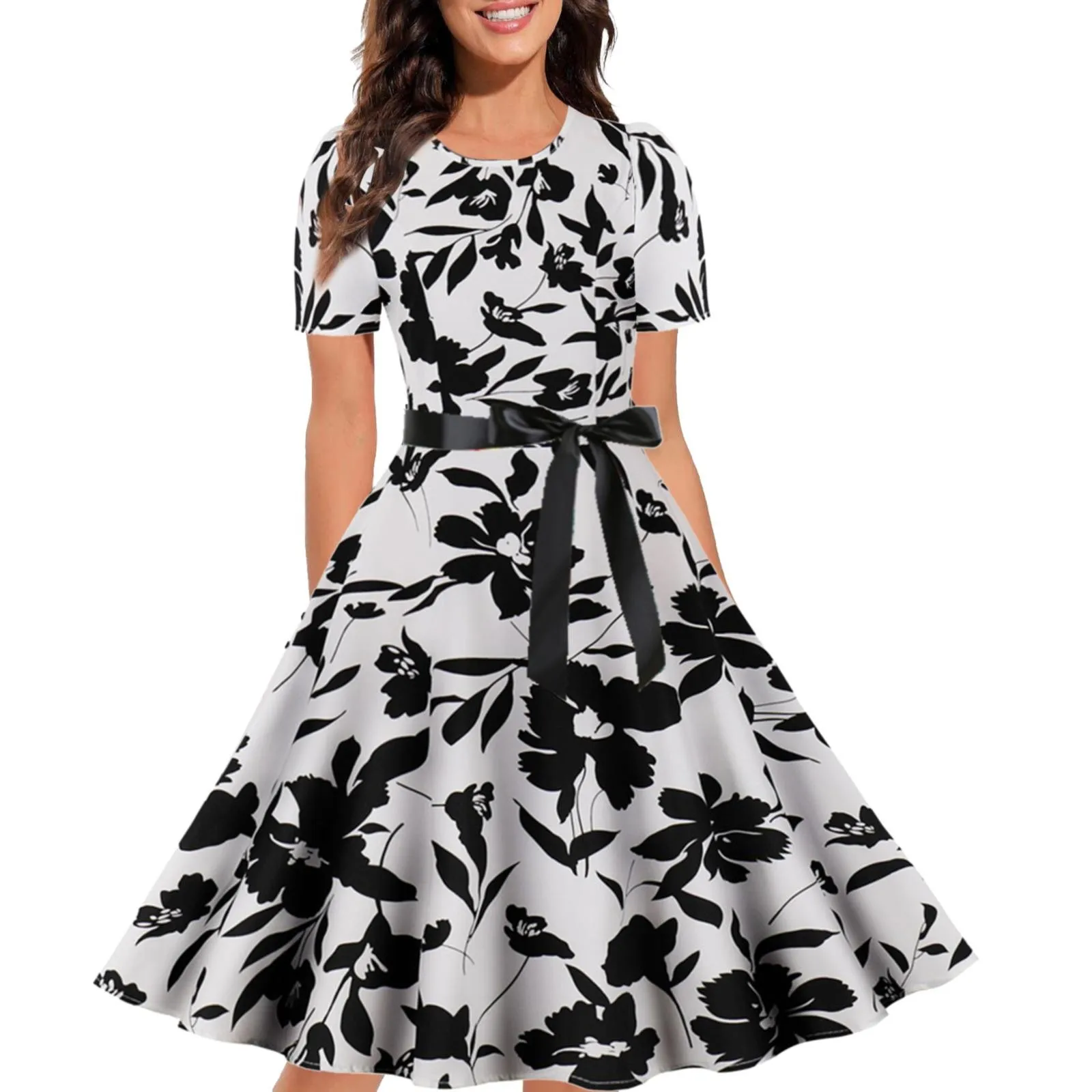 

Women's Vintage Floral Print Cocktail Dresses Elegant Belted Short Sleeve Party Dresses Autumn Summer Big Swing Puffy Sundress