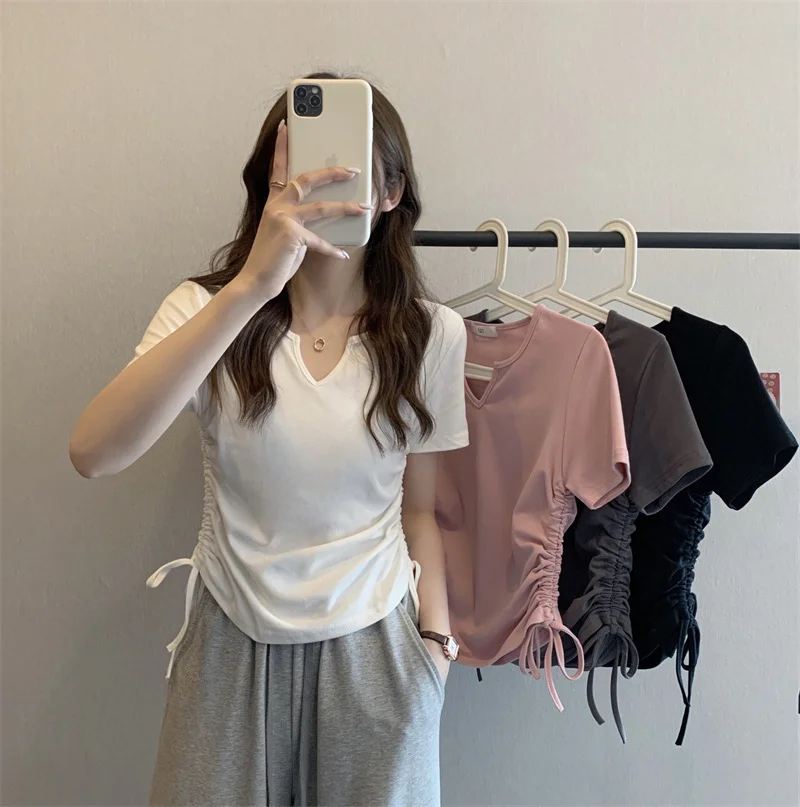 

Korean T-shirts Slim Tops 2023 Summer Clothes For Women V-neck Drawstring Casual Cheap Free Ship T Shirt Solid Tees Ropa Mujer
