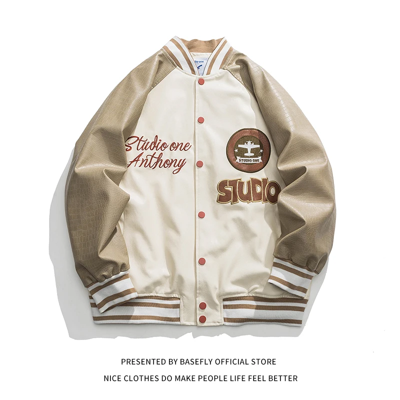 

Spring Autumn Retro University Baseball Bomber Jacket Men PU Leather Unisex Women Couple Varsity Jacket Chic Casual Streetwear