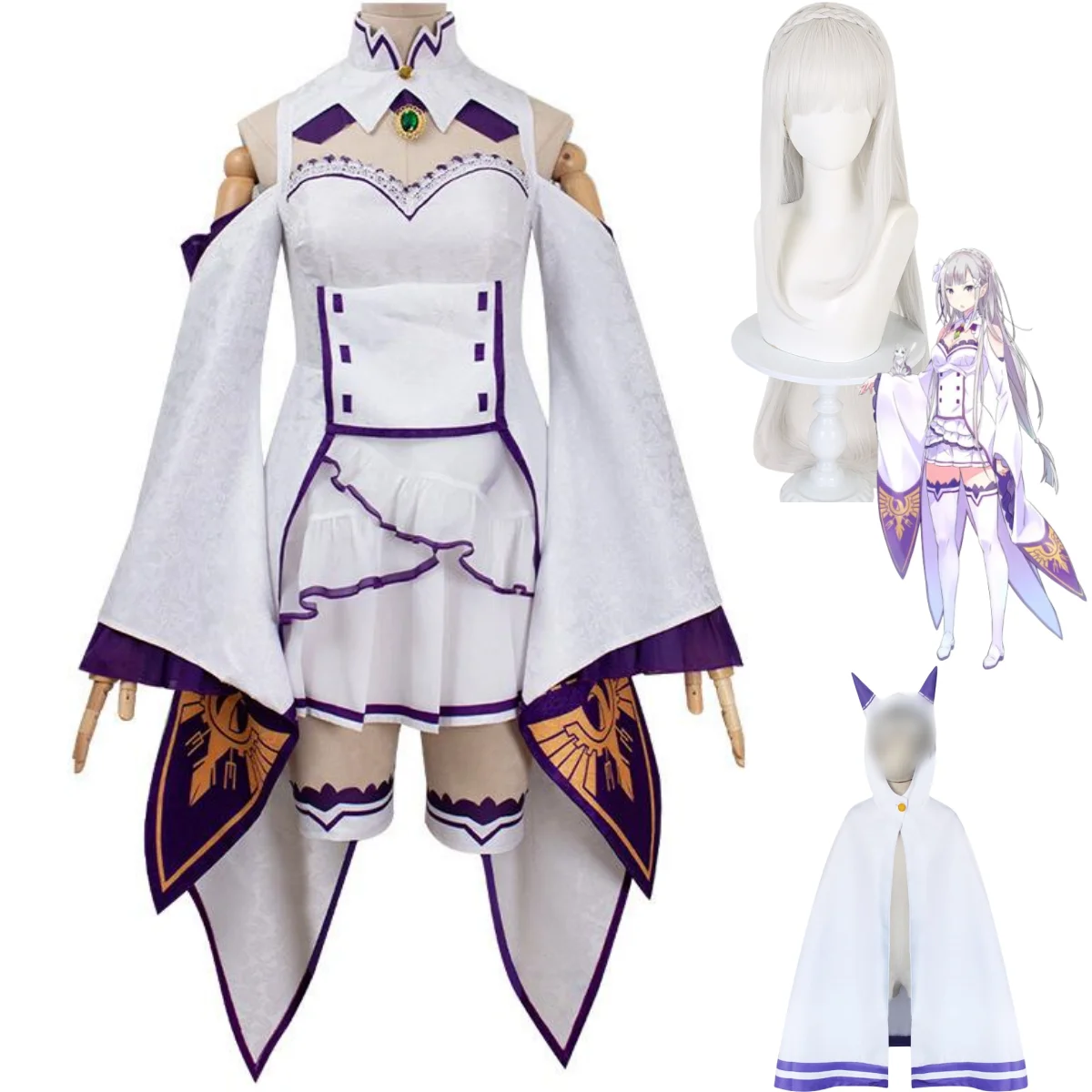 

Anime Re:Life in A Different World From Zero Emilia Cosplay Costume Wig Dress Cloak Woman Sexy Kawaii Birthday Party Suit